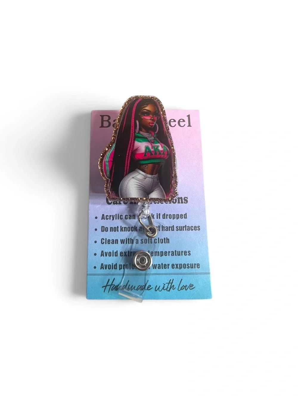 Pink & Green Acrylic Badge Reel with Black-Haired Illustration